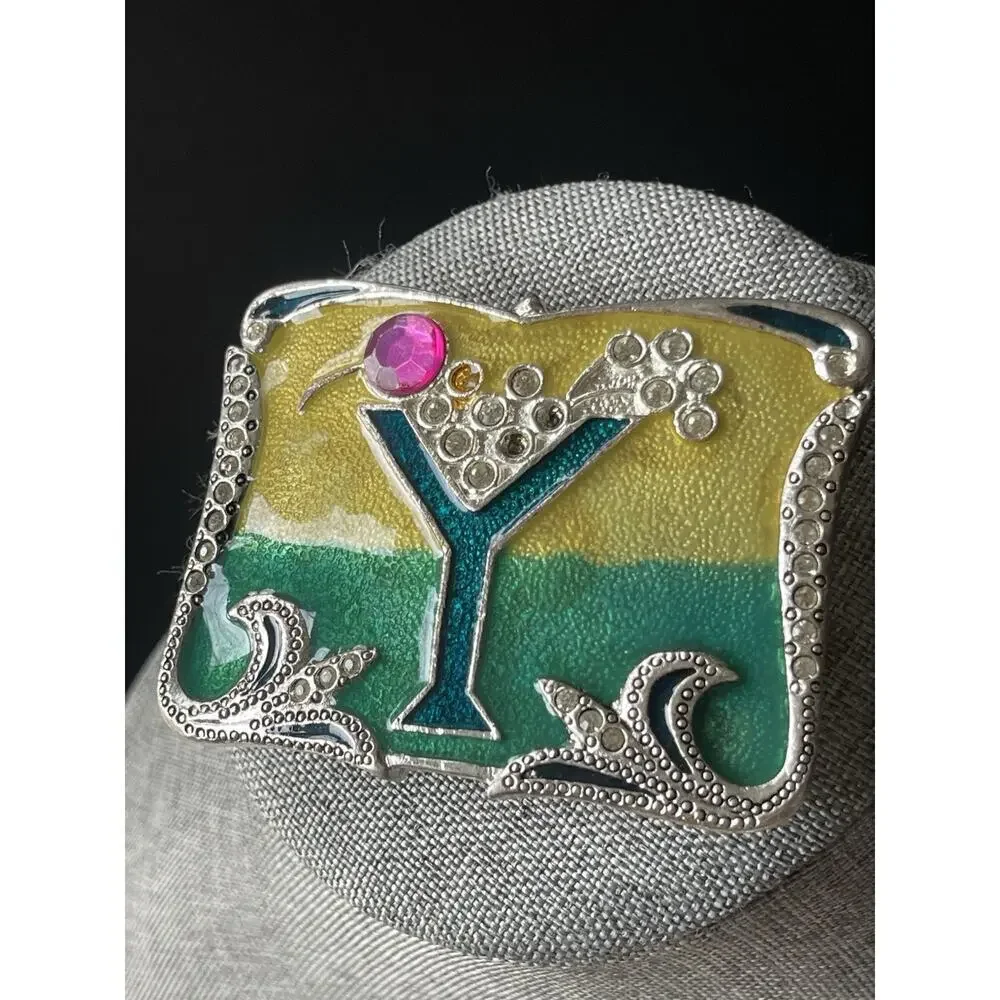 Y2K Belt Buckle Cocktail Martini Enamel Glass Silver Tone Whimsy Unisex 80s 90s